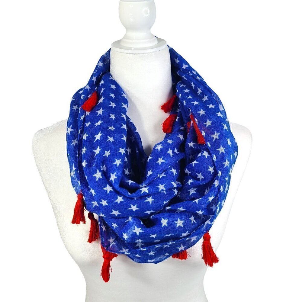 Blue White Star All Over Print Red Tassel Gauzy Infinity Scarf